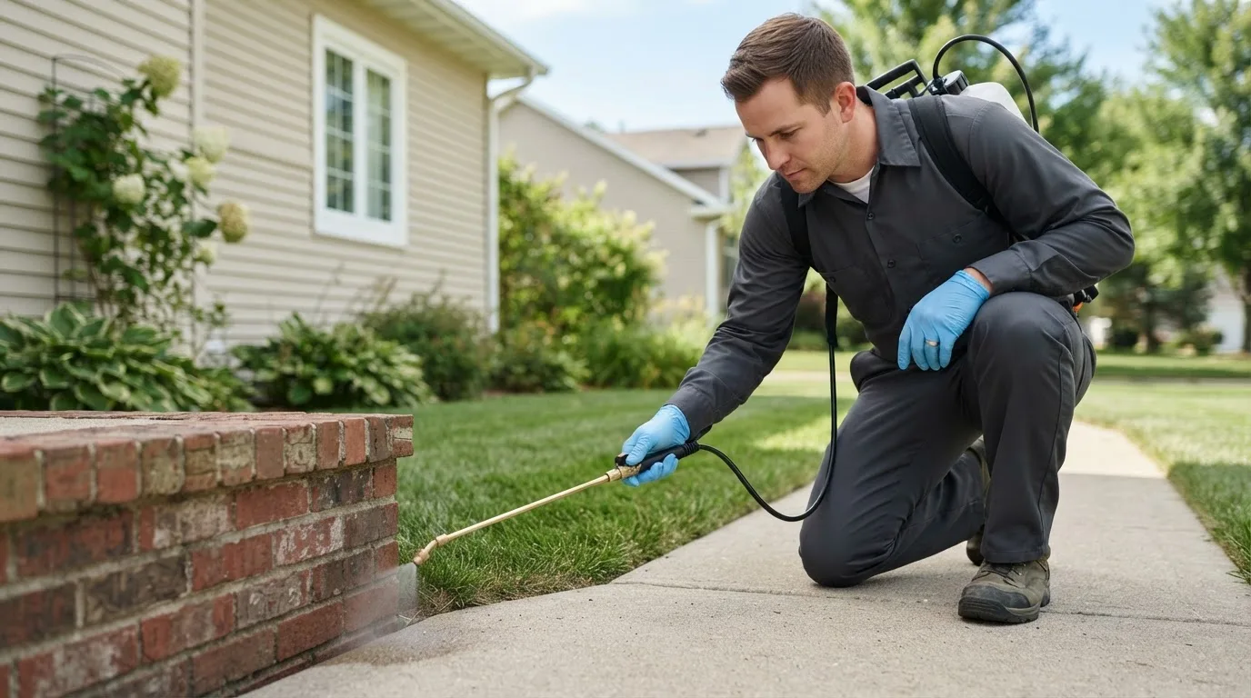 Pest control technician treating a home near Teaneck, NJ